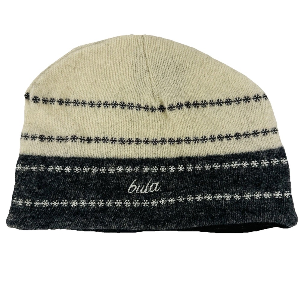 Bula Wool Beanie Hat Womens Cream Grey Snowflake Knit Fleece Lined Winter Ski